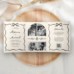 Black Cream Hand Drawn Bow QR Code Photo Wedding Tri-Fold Invitation