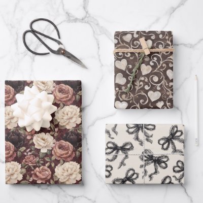 Black Cream Hearts Flowers Bows Birthday Wrapping Paper Sheets