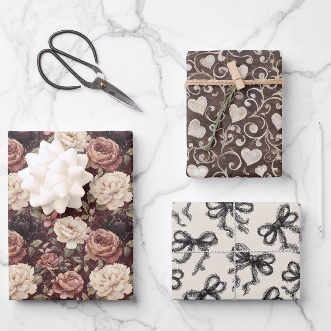 Black Cream Hearts Flowers Bows Birthday Wrapping Paper Sheets (Front)