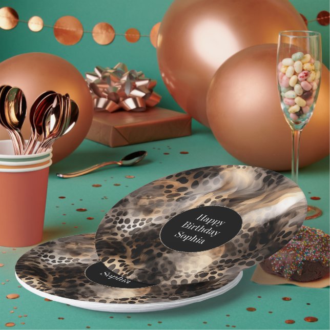 Black Cream Leopard Animal Birthday Paper Plates (Multi)