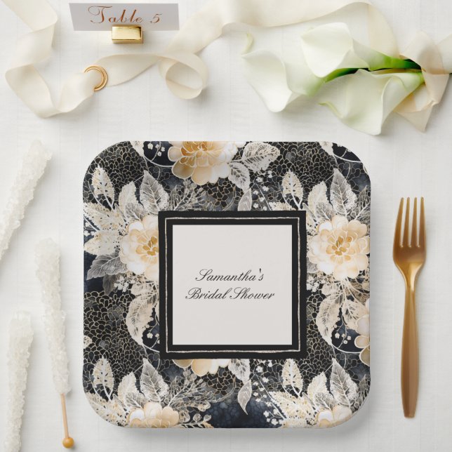 Black Cream Leopard Animal Floral Bridal Shower Paper Plates (Wedding)