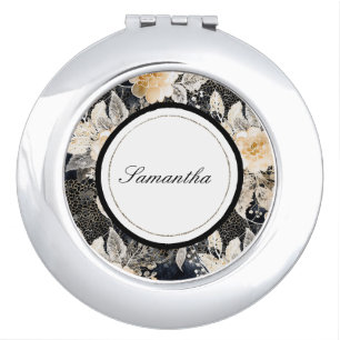 Black Cream Leopard Animal Floral Compact Mirror