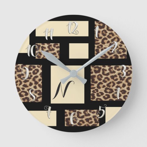 Black  Cream Leopard Cheetah Color Block Custom Round Clock