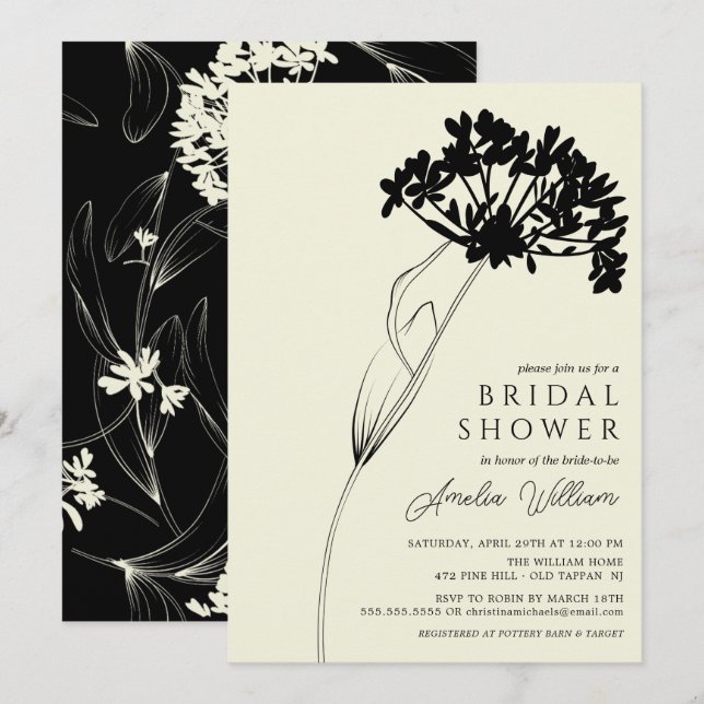 Black & Cream Modern Floral Bridal Shower Invitati Invitation (Front/Back)