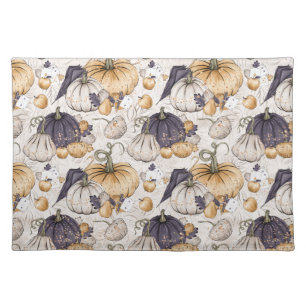 BLACK CREAM & ORANGE FALL PUMPKINS & LEAVES CLOTH PLACEMAT