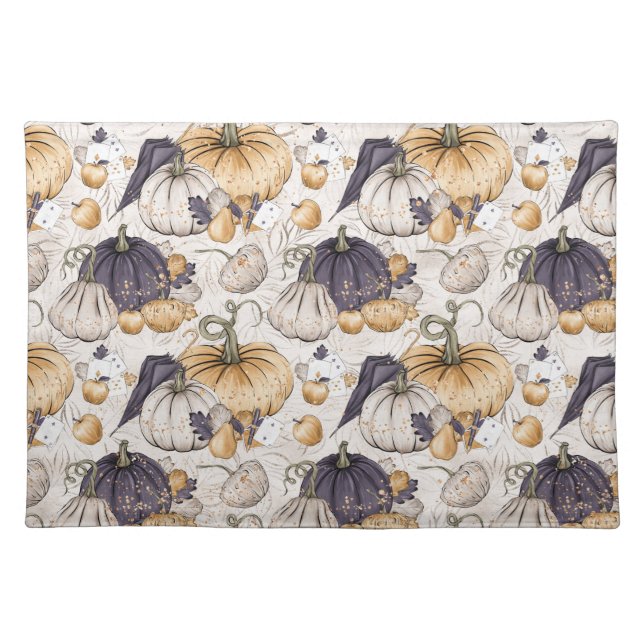 BLACK CREAM & ORANGE FALL PUMPKINS & LEAVES CLOTH PLACEMAT (Front)