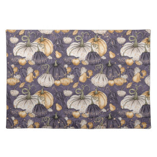 BLACK CREAM & ORANGE FALL PUMPKINS & LEAVES CLOTH PLACEMAT