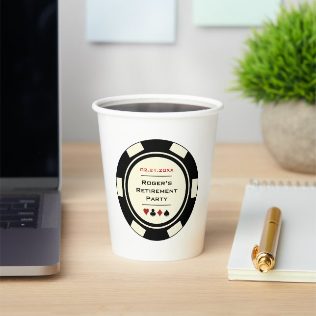 Black Cream Poker Chip Casino Theme Retirement Paper Cups (Insitu)