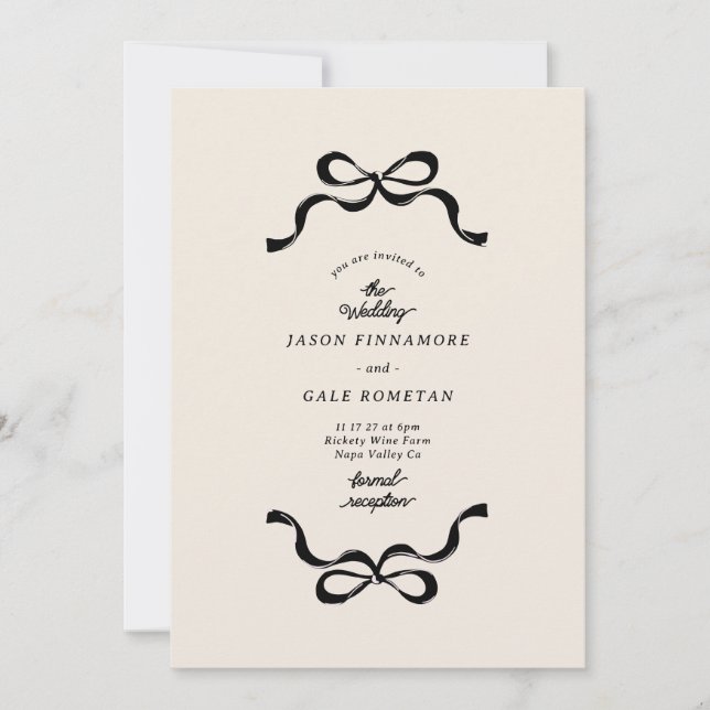 Black Cream Retro Bows Photo Wedding Invitation (Front)