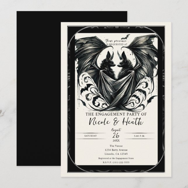 Black Cream Silver Gothic Love Bats Engagement Invitation (Front/Back)