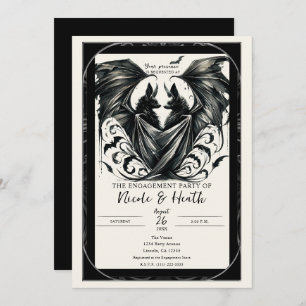 Black Cream Silver Gothic Love Bats Engagement Invitation