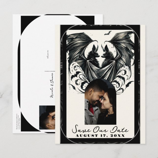Black Cream Silver Gothic Love Bats Save the Date Announcement Postcard (Front/Back)
