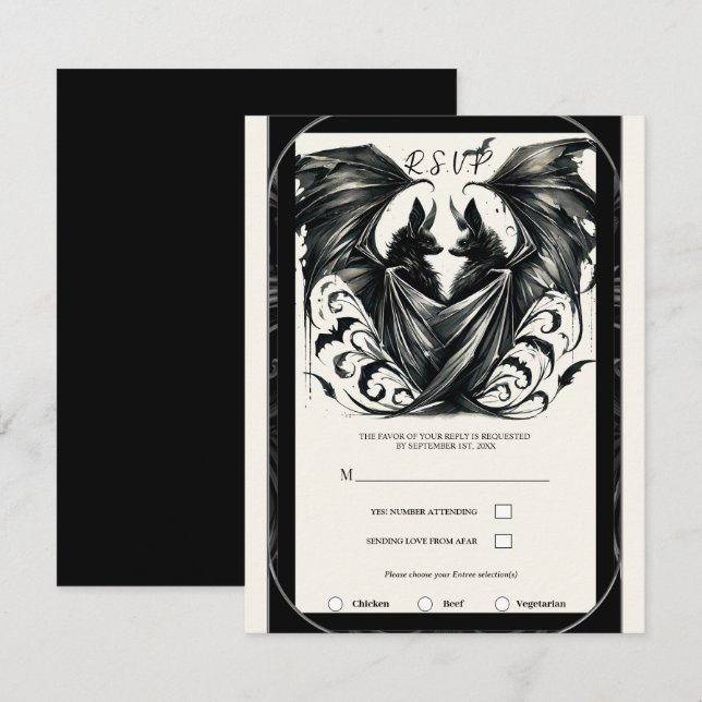 Black Cream Silver Gothic Love Bats Wedding Invitation (Front/Back)