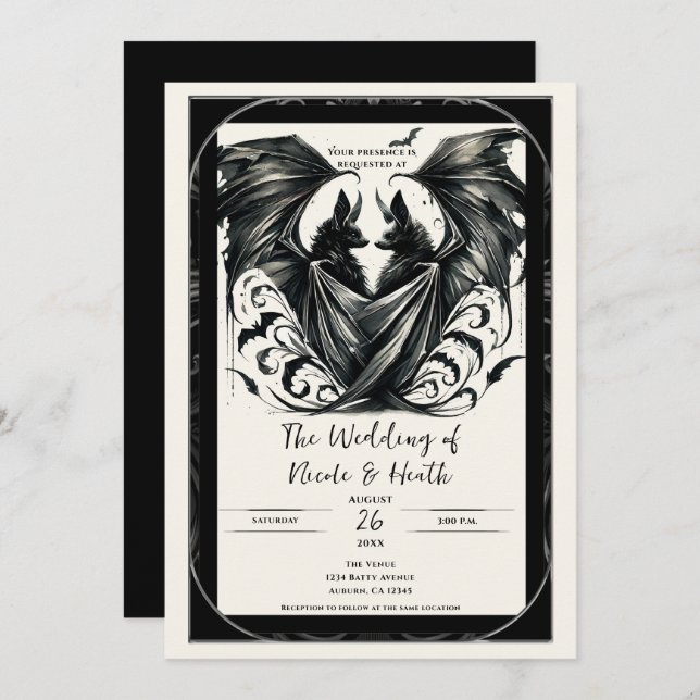 Black Cream Silver Gothic Love Bats Wedding Invitation (Front/Back)
