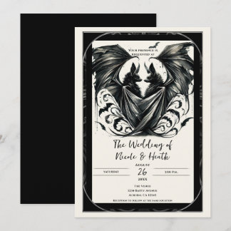 Black Cream Silver Gothic Love Bats Wedding Invitation