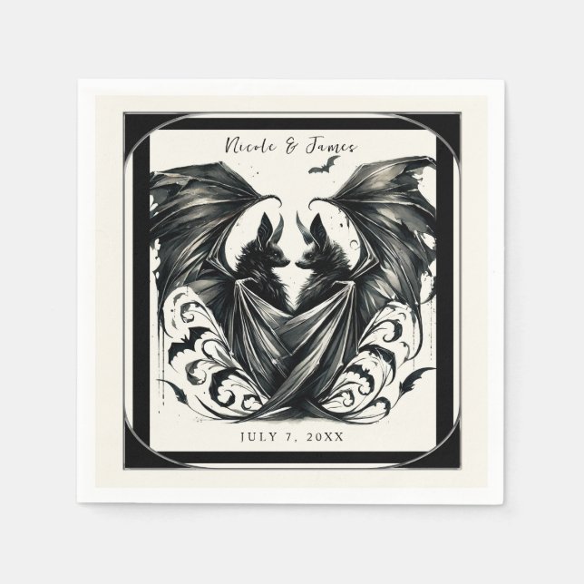 Black Cream Silver Gothic Love Bats Wedding Napkins (Front)