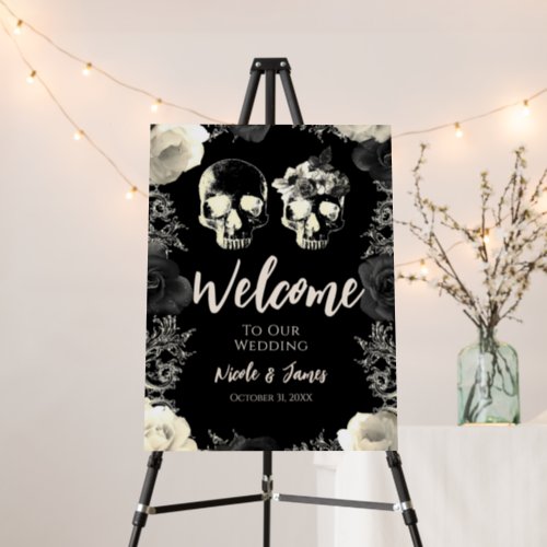 Black Cream Skeleton Skull Wedding Welcome Sign