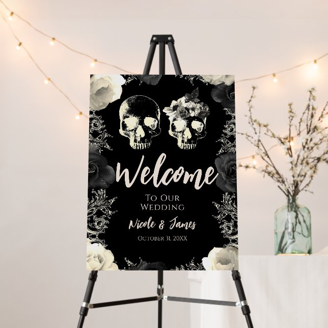 Black Cream Skeleton Skull Wedding Welcome Sign (In Situ (Stand))