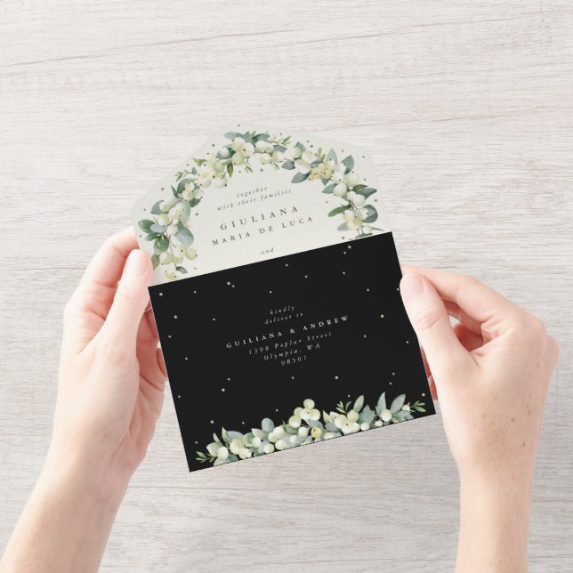 Black/Cream Snowberry + Eucalyptus Wedding All In One Invitation (Opening)