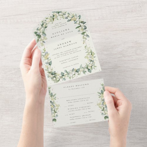 BlackCream Snowberry  Eucalyptus Wedding All In One Invitation