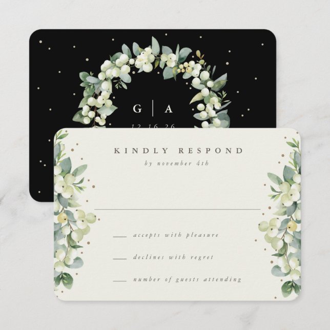 Black/Cream Snowberry+Eucalyptus Wedding RSVP Card (Front/Back)