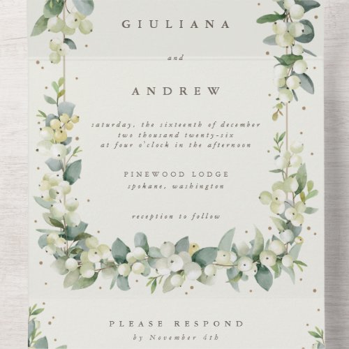 BlackCream SnowberryEucalyptus Winter Wedding All In One Invitation
