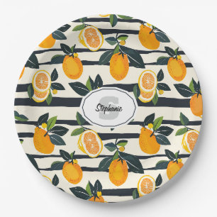 Black Cream Striped Citrus Fruit Botanical Paper Plates
