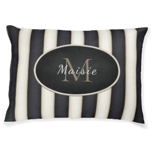 Black & Cream Stripes Bronze Monogram Oval Frame Pet Bed