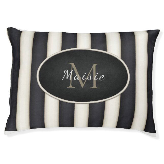 Black & Cream Stripes Bronze Monogram Oval Frame Pet Bed (Front)