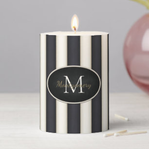 Black & Cream Stripes Oval Frame Monogrammed Pillar Candle