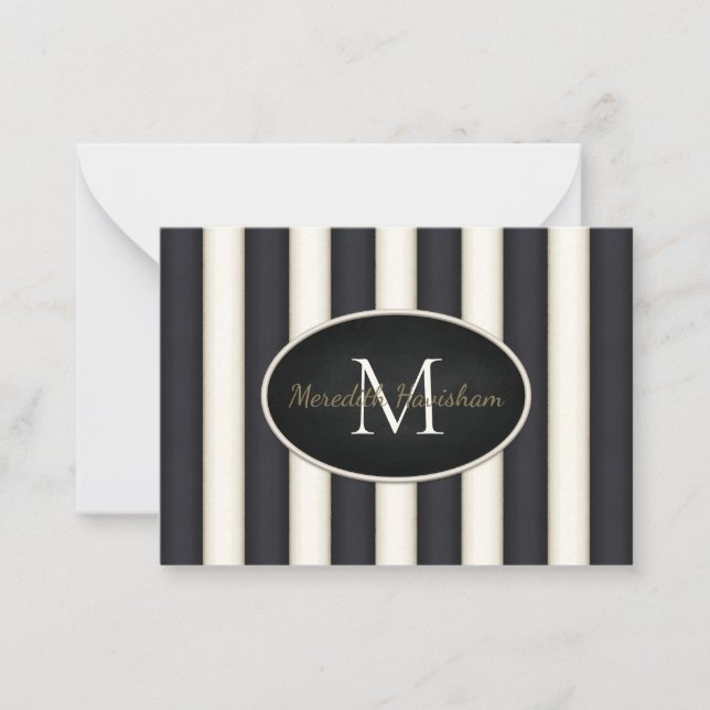 Black & Cream Stripes Oval Framed Monogram Custom Note Card (Front)