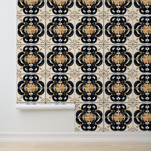 Black Cream Tile Pattern Wallpaper (Application)