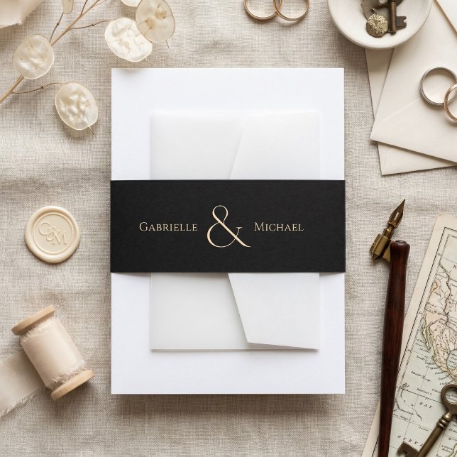 Black Cream Timeless Elegant Monogram Wedding  Invitation Belly Band (Creator Uploaded)