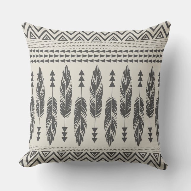 Black & Cream Tribal Feathers Throw Pillow (Front)