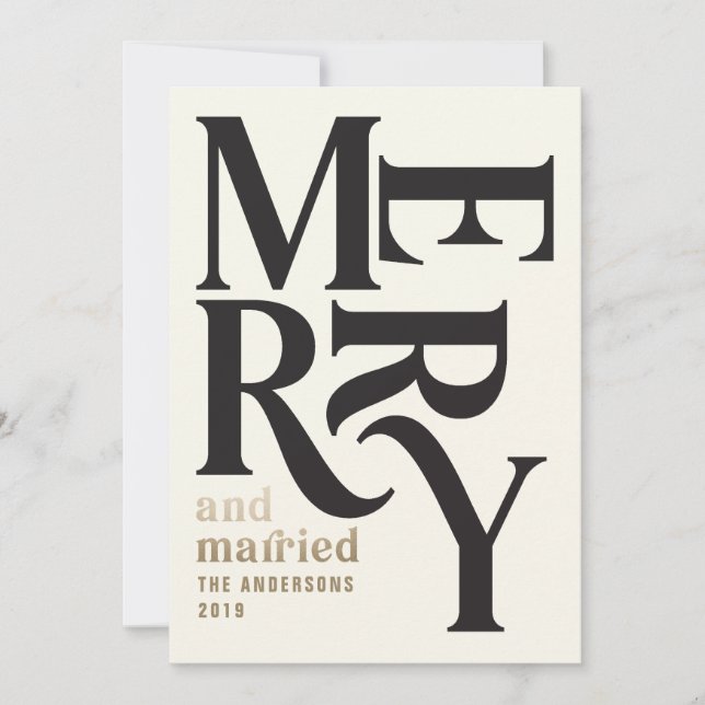 Black + cream vintage merry and married Christmas Announcement (Front)
