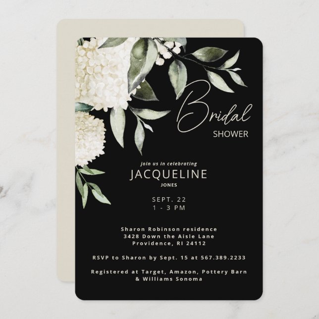  Black & Cream White Hydrangeas Bridal Shower II Invitation (Front/Back)