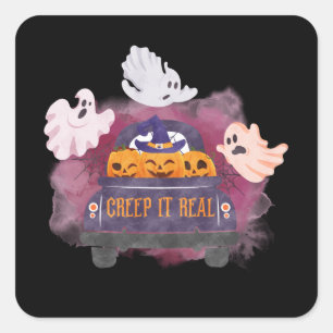Black Creep It Real Pumpkin Ghost Halloween Square Sticker