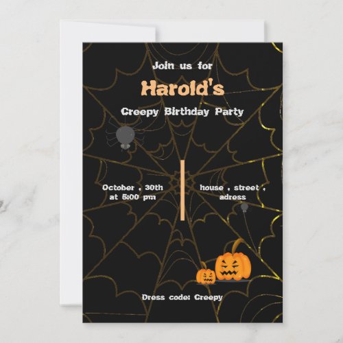 Black Creepy Halloween Pumpkin and Spider Birthday Invitation