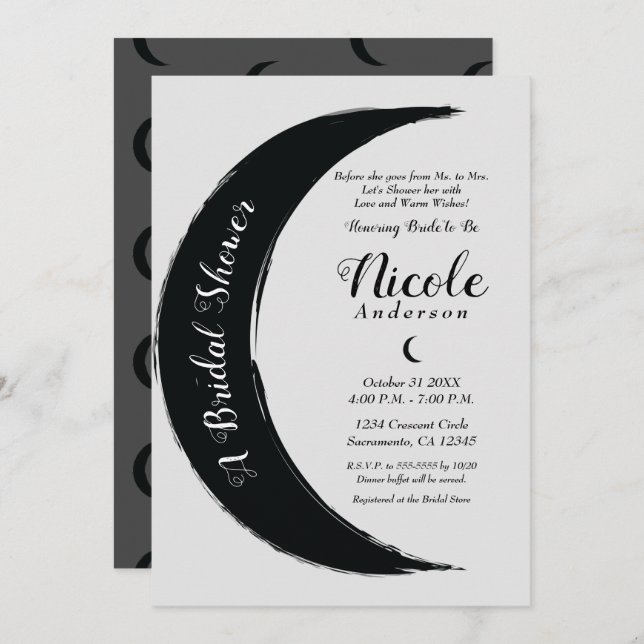 Black Crescent Dark Moon Celestial Bridal Shower Invitation (Front/Back)