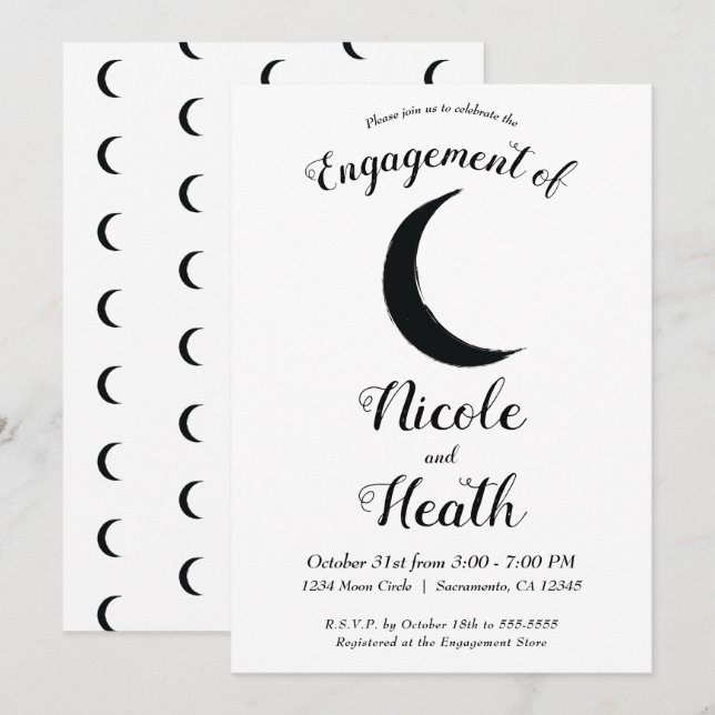 Black Crescent Moon Astrology Zodiac Engagement   Invitation (Front/Back)