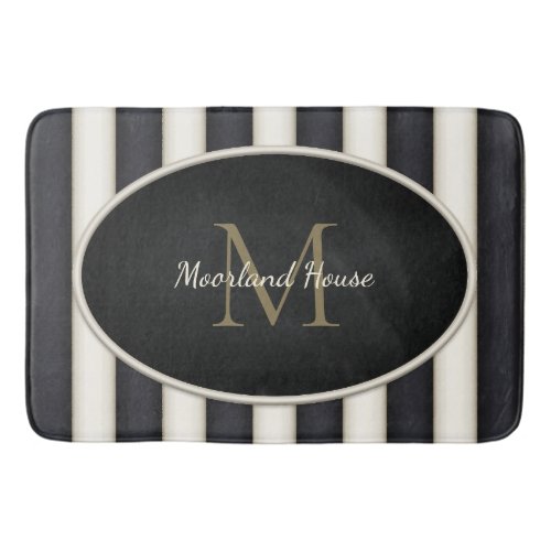 Black  Cresme Stripes Bronze Monogram Bath Mat