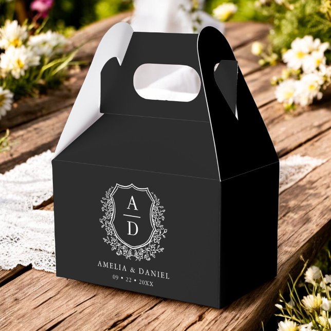 Black Crest Floral Monogram Wedding Modern Favor Boxes (Creator Uploaded)