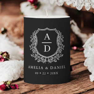 Black Crest Modern Monogram Wedding Pillar Candle