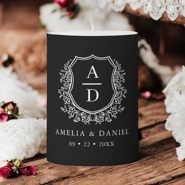 Black Crest Modern Monogram Wedding Pillar Candle (Creator Uploaded)