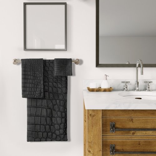 Black Crocodile Leather Print Bath Towel Set