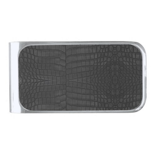 Black Crocodile Leather Print Silver Finish Money Clip