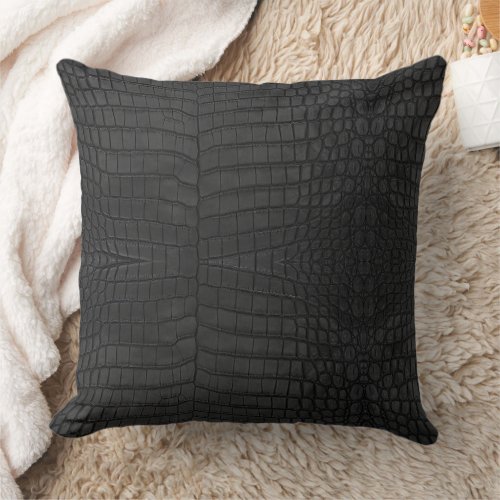 Black Crocodile Leather Print Throw Pillow