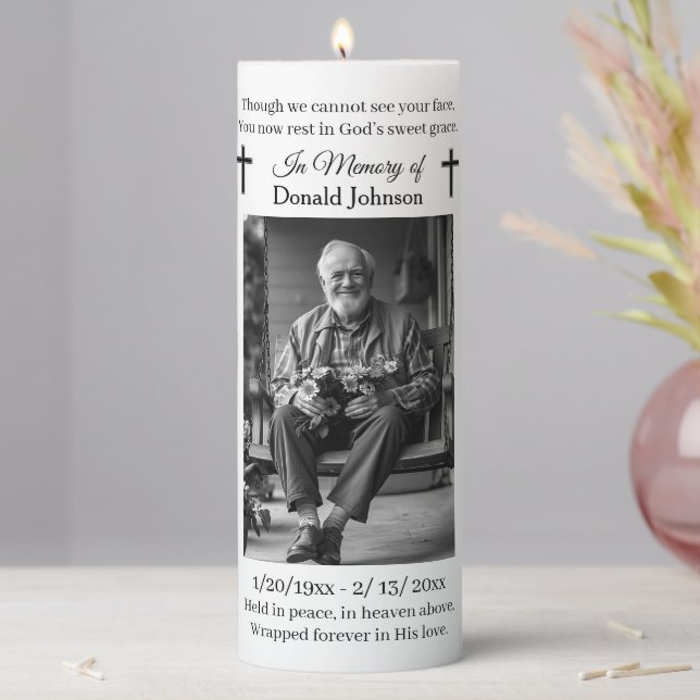 Black Cross and Poem Photo Memorial Pillar Candle (In Situ)