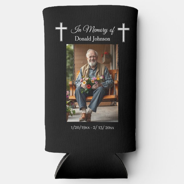 Black Cross and Poem Photo Memorial Seltzer Can Cooler (Front)