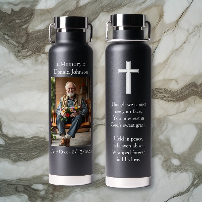 Black Cross and Poem Photo Memorial Water Bottle (Creator Uploaded)